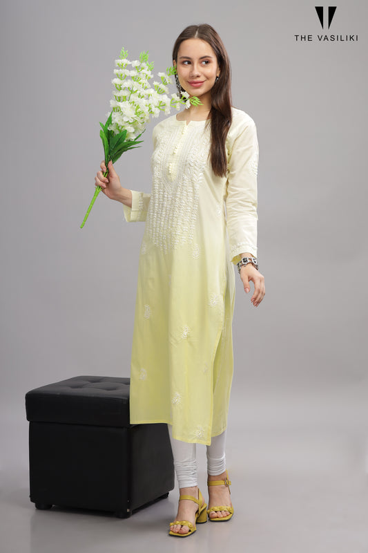 Yellow Mulmul Cotton Chikankari Kurta