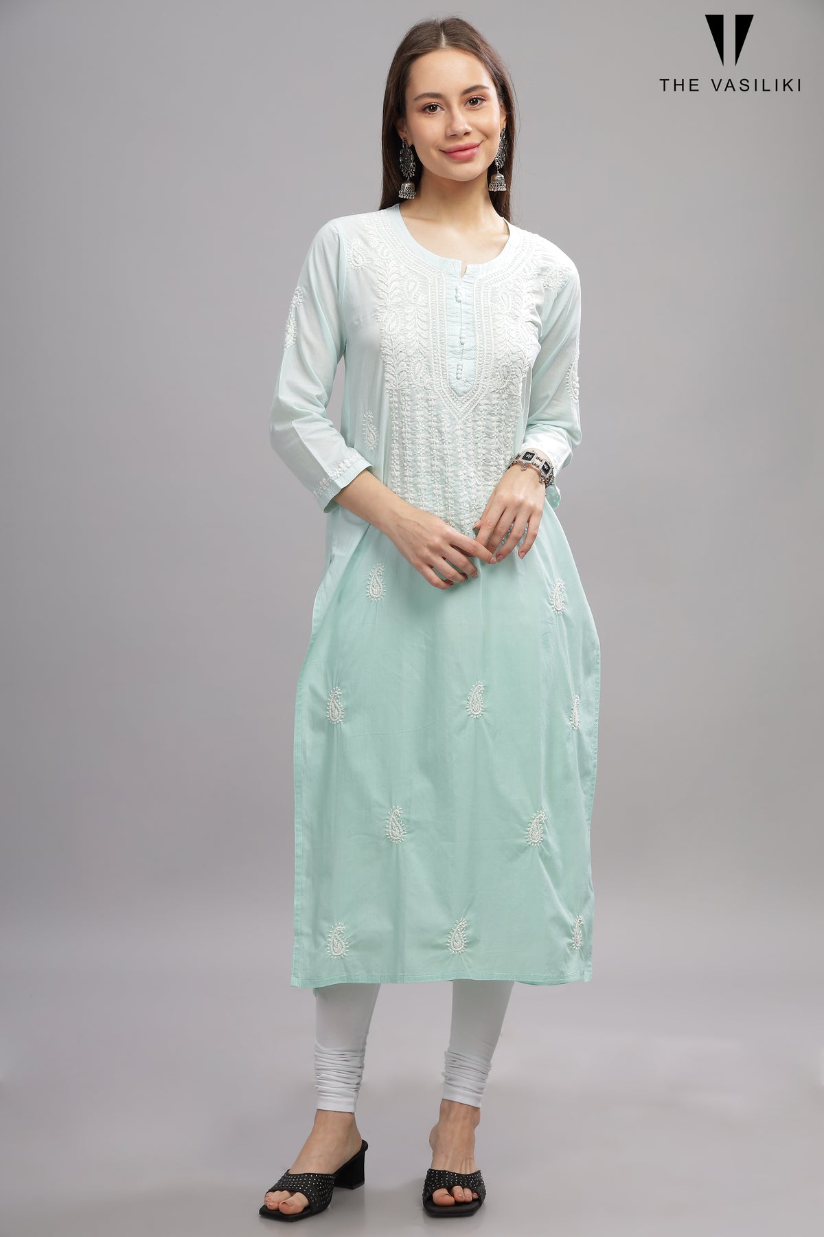 Sea Green Mulmul Cotton Chikankari Kurta