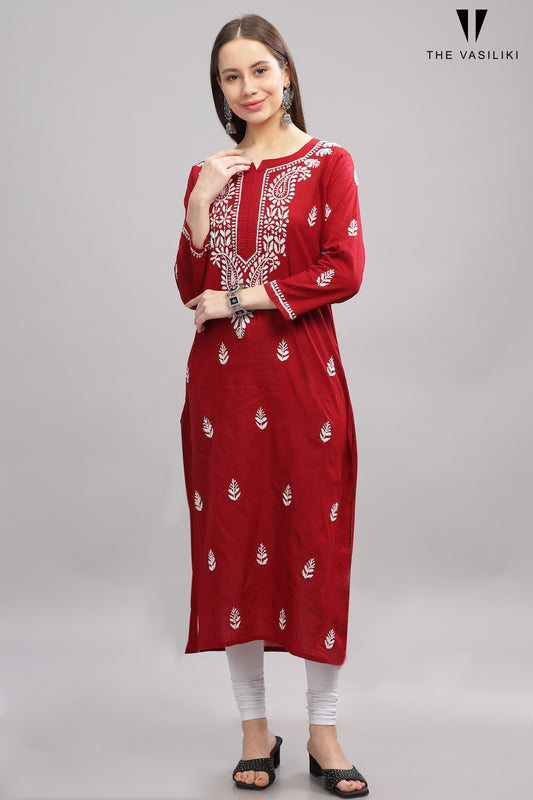 MAROON COTTON CHIKANKARI KURTA