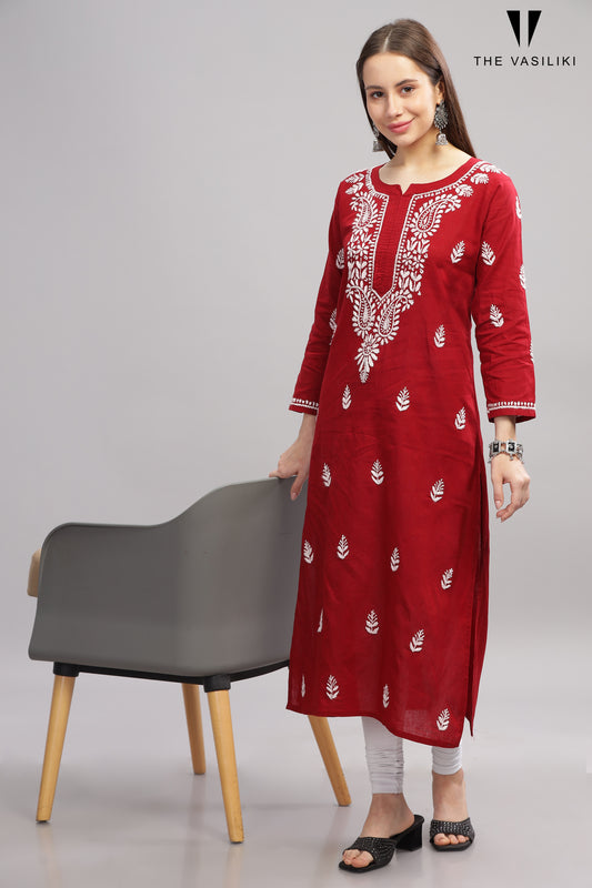 MAROON COTTON CHIKANKARI KURTA