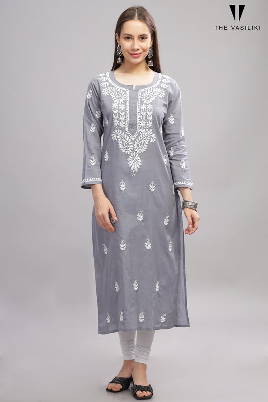 Grey COTTON CHIKANKARI KURTA