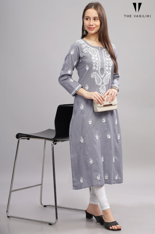 Grey COTTON CHIKANKARI KURTA