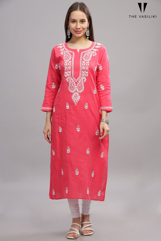 Carrot Red COTTON CHIKANKARI KURTA