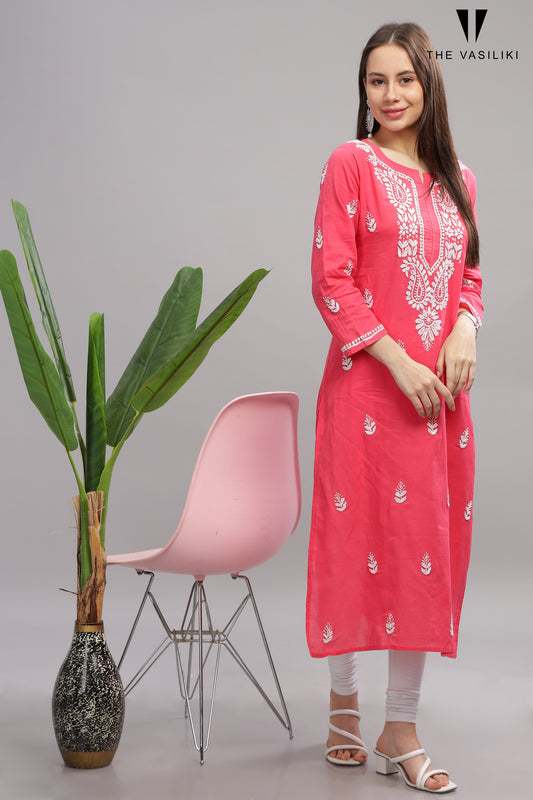 Carrot Red COTTON CHIKANKARI KURTA