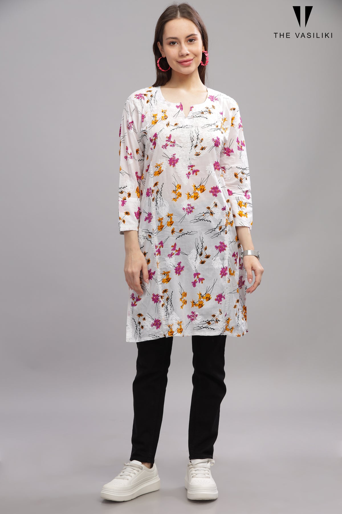 White Mulmul Cotton Chikankari Short Kurti with Purple Florals