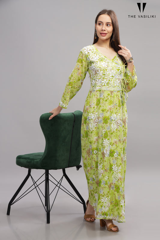 Flowery Green Mulmul Cotton Anarkali Gown with White Chikankari Embroidery