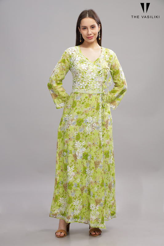Flowery Green Mulmul Cotton Anarkali Gown with White Chikankari Embroidery