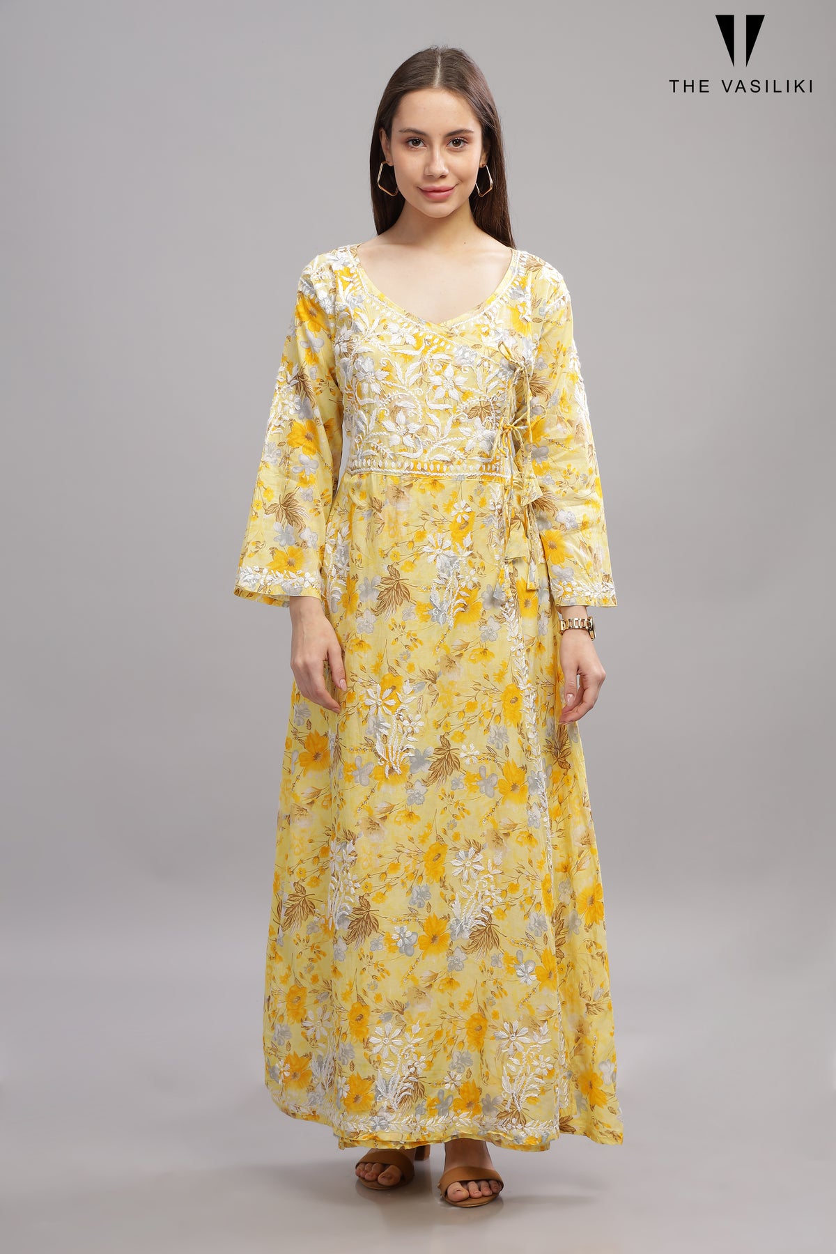 Flowery Yellow Mulmul Cotton Anarkali Gown with White Chikankari Embroidery