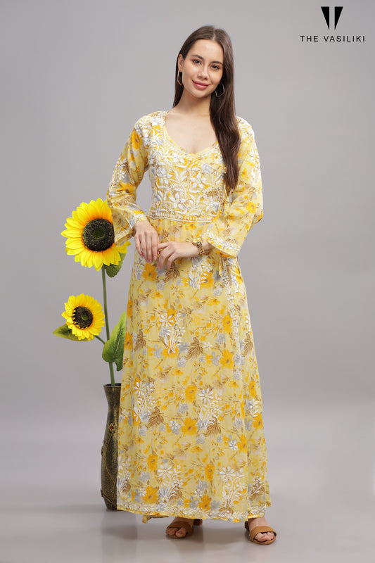 Flowery Yellow Mulmul Cotton Anarkali Gown with White Chikankari Embroidery