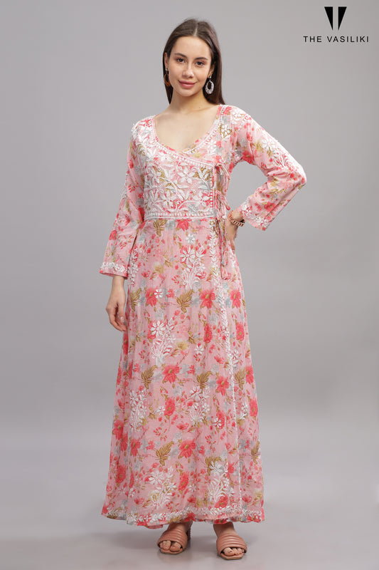 Flowery Pink Mulmul Cotton Anarkali Gown with White Chikankari Embroidery