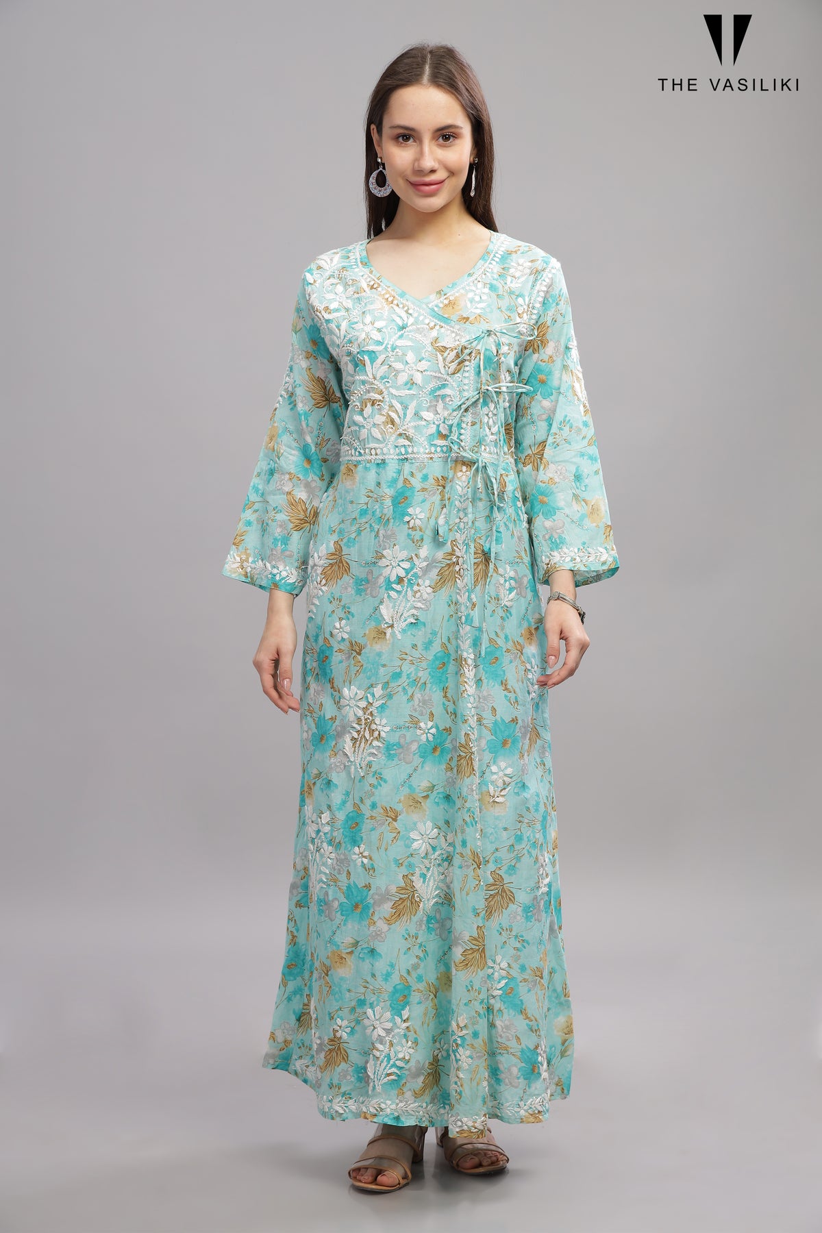 Flowery Blue Mulmul Cotton Anarkali Gown with White Chikankari Embroidery