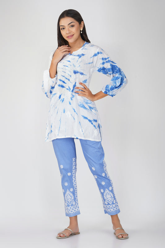 Powder Blue Tie - Dye Cotton Embroidered Co-ord Set