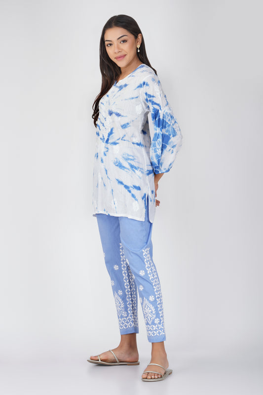 Powder Blue Tie - Dye Cotton Embroidered Co-ord Set