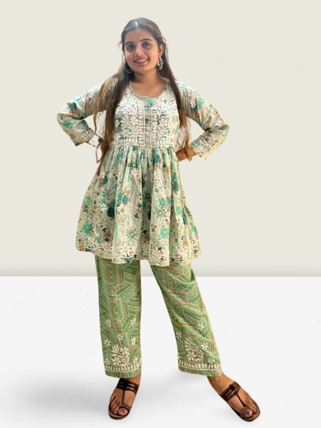 Green Cotton Embroidered Co-ord Set