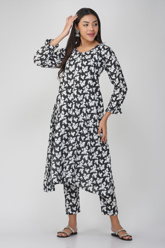 Black Floral Cotton Kurta Set