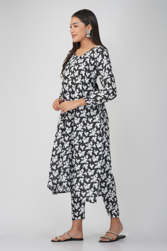 Black Floral Cotton Kurta Set