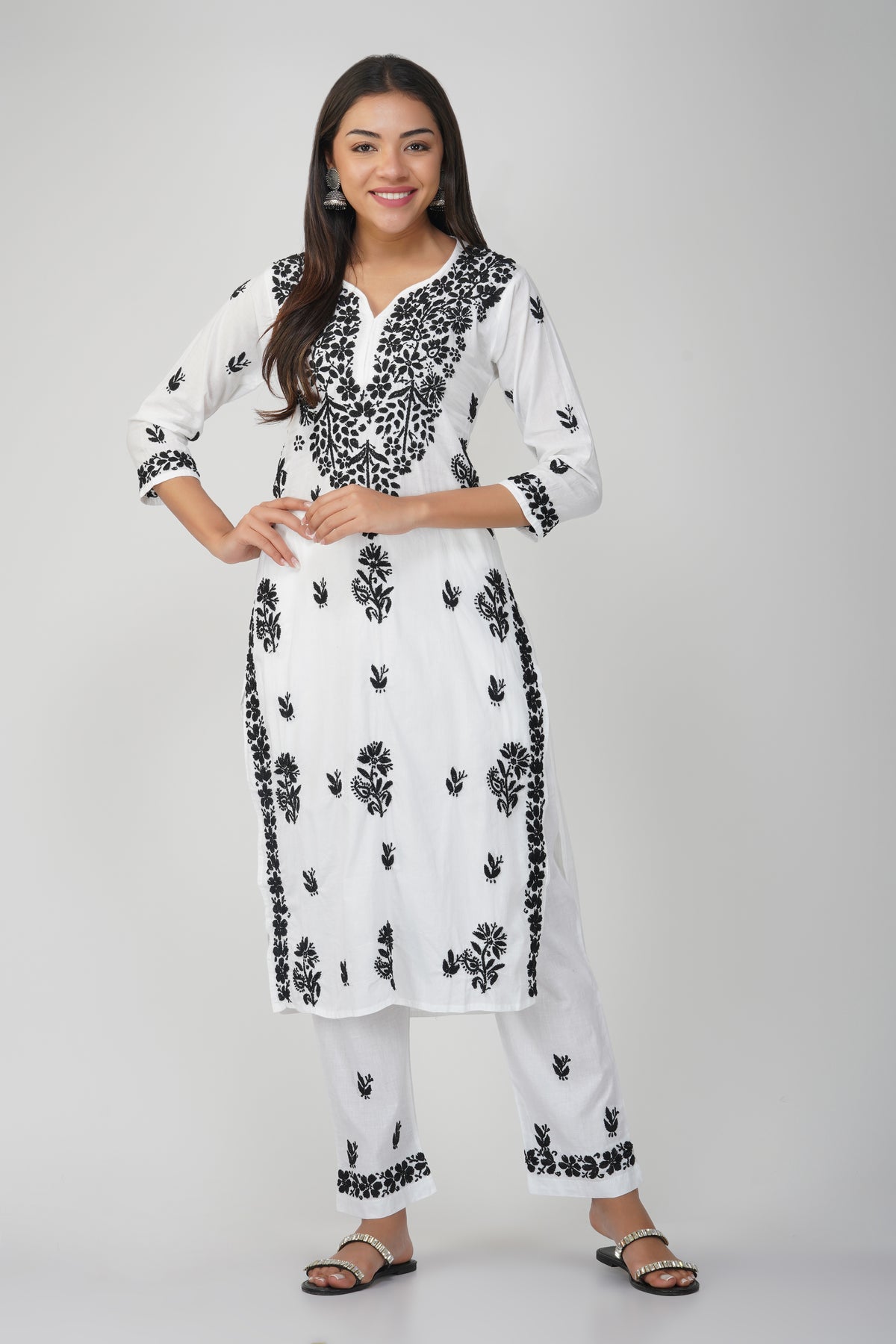 White Cotton Kurti Set with Black Chikankari Embroidery