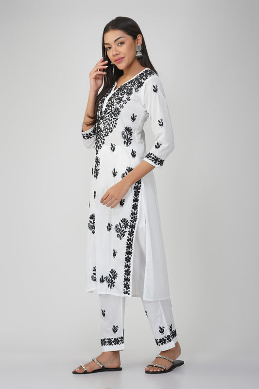 White Cotton Kurti Set with Black Chikankari Embroidery