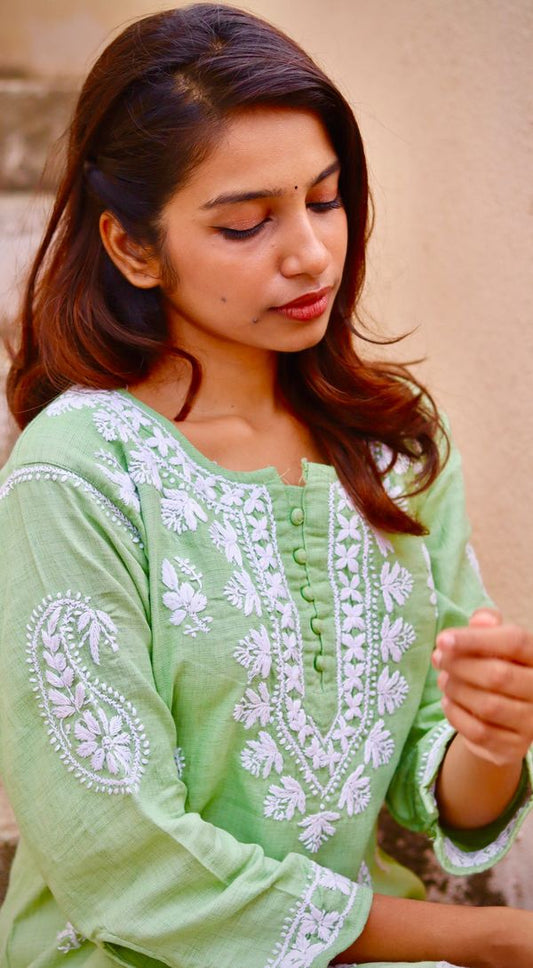 Green Cotton Chikankari Kurta