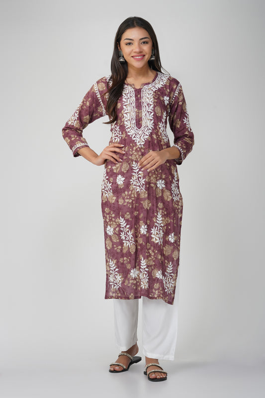 Wine Mulmul Cotton Chikankari Kurta