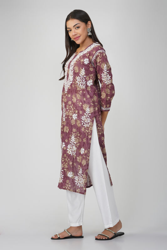 Wine Mulmul Cotton Chikankari Kurta