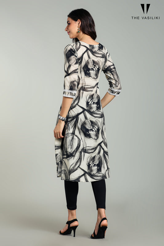 Printed White Black Kurta