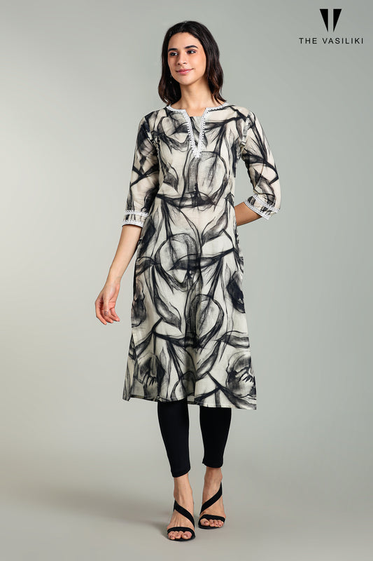 Printed White Black Kurta
