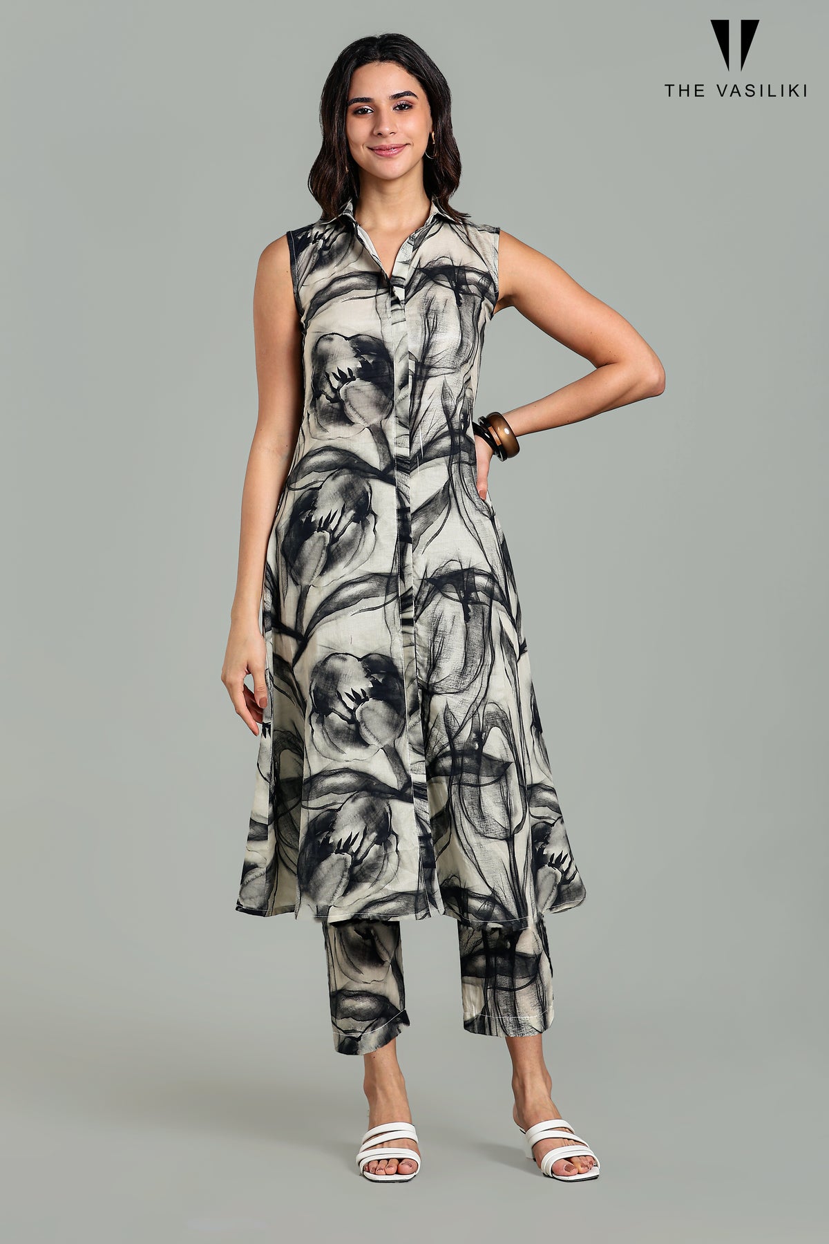 Printed White Black Kurta Set