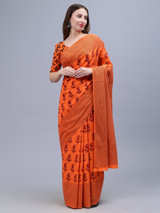 Orange Printed Malmal Cotton Saree