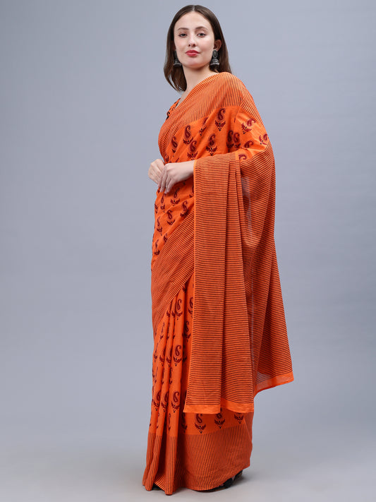 Orange Printed Malmal Cotton Saree