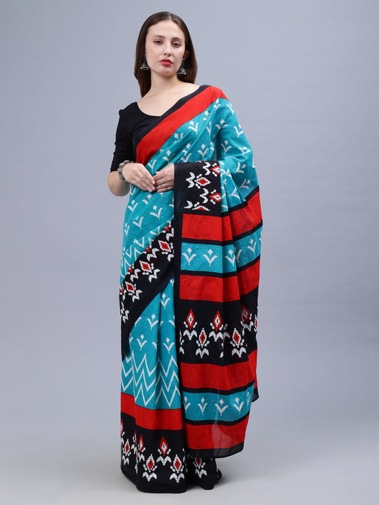 Blue Printed Malmal Cotton Saree