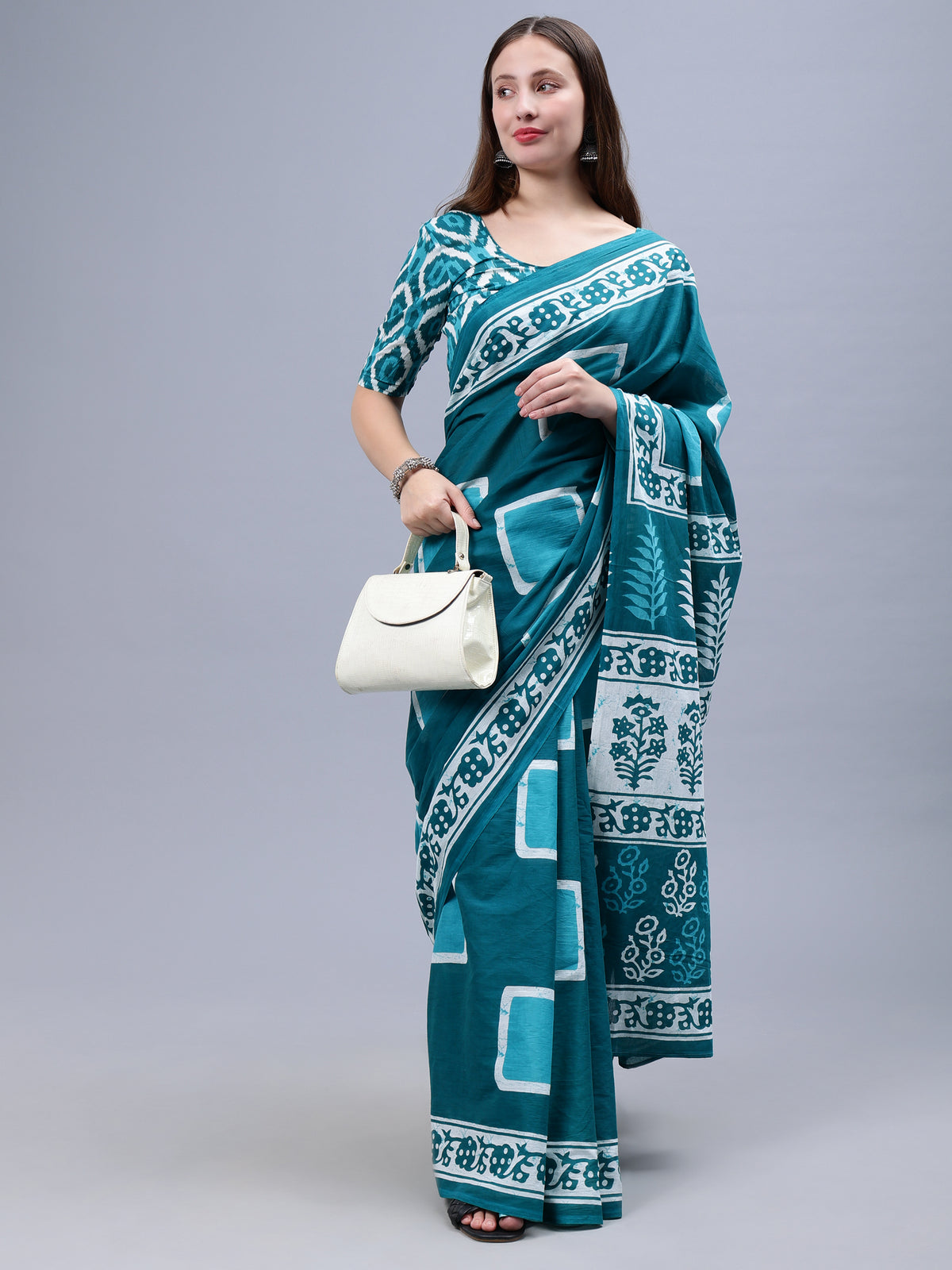 Turquoise Blue Printed Malmal Cotton Saree