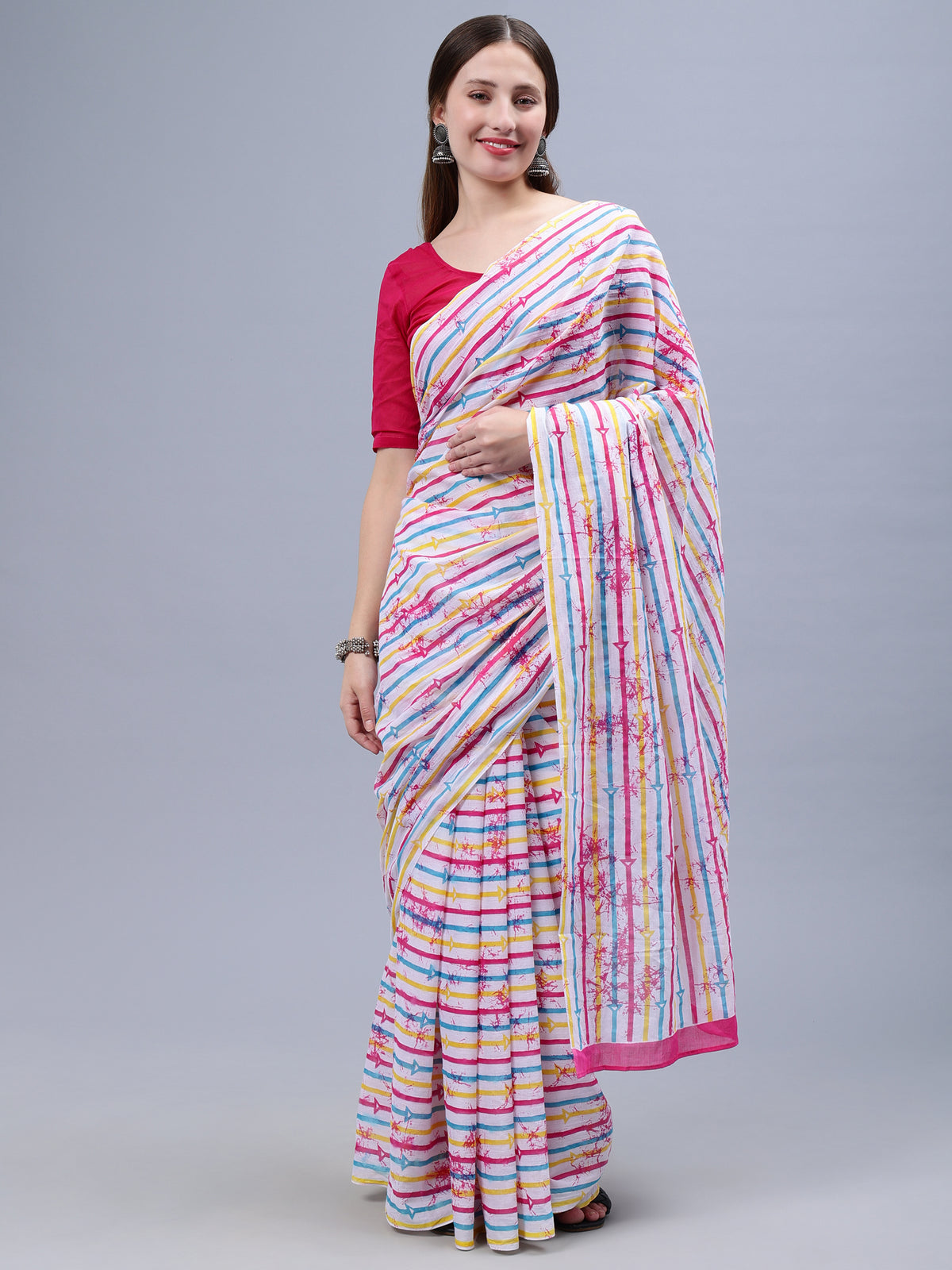 Pink Printed Malmal Cotton Saree