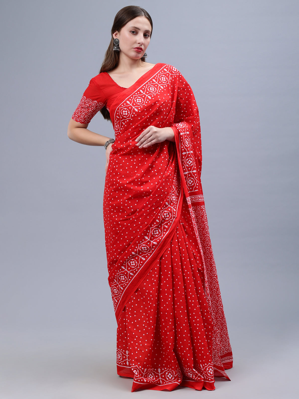 Red Printed Malmal Cotton Saree