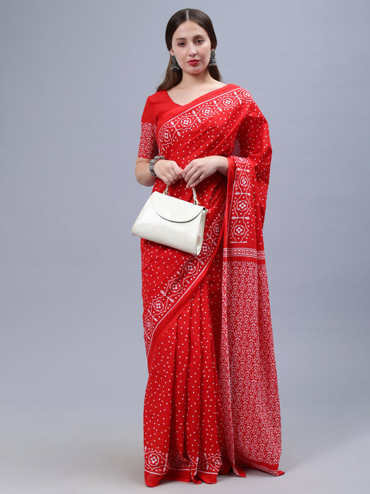 Red Printed Malmal Cotton Saree