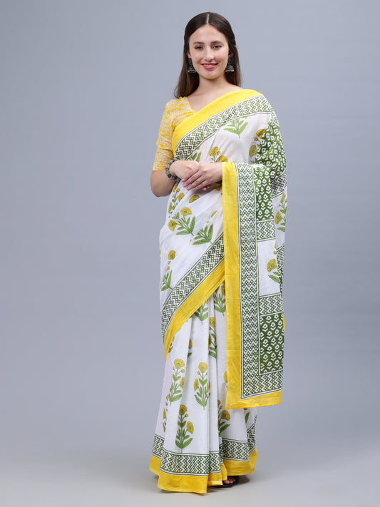 Yellow Printed Malmal Cotton Saree
