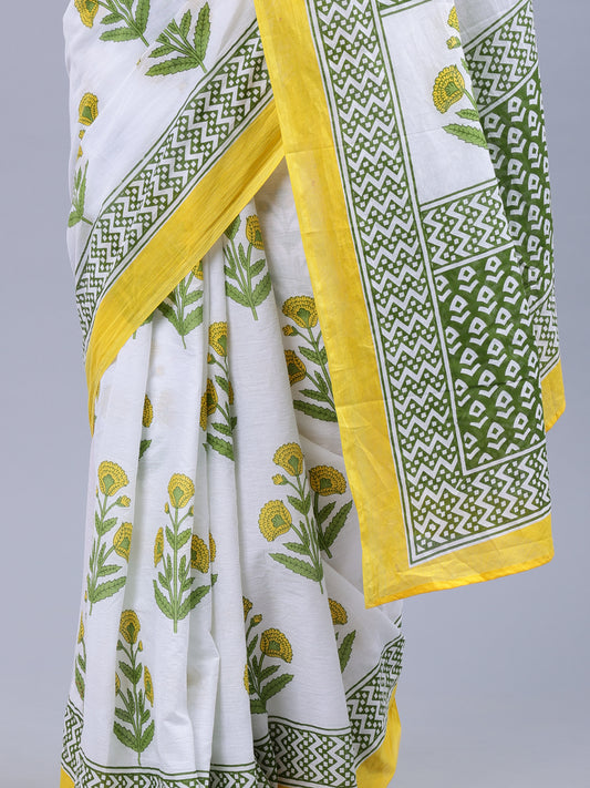 Yellow Printed Malmal Cotton Saree