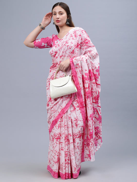 Pink Printed Malmal Cotton Saree