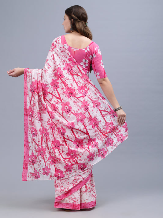 Pink Printed Malmal Cotton Saree