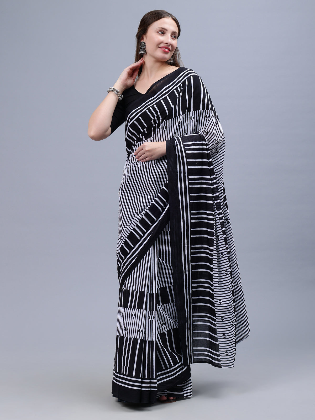 Black Printed Malmal Cotton Saree