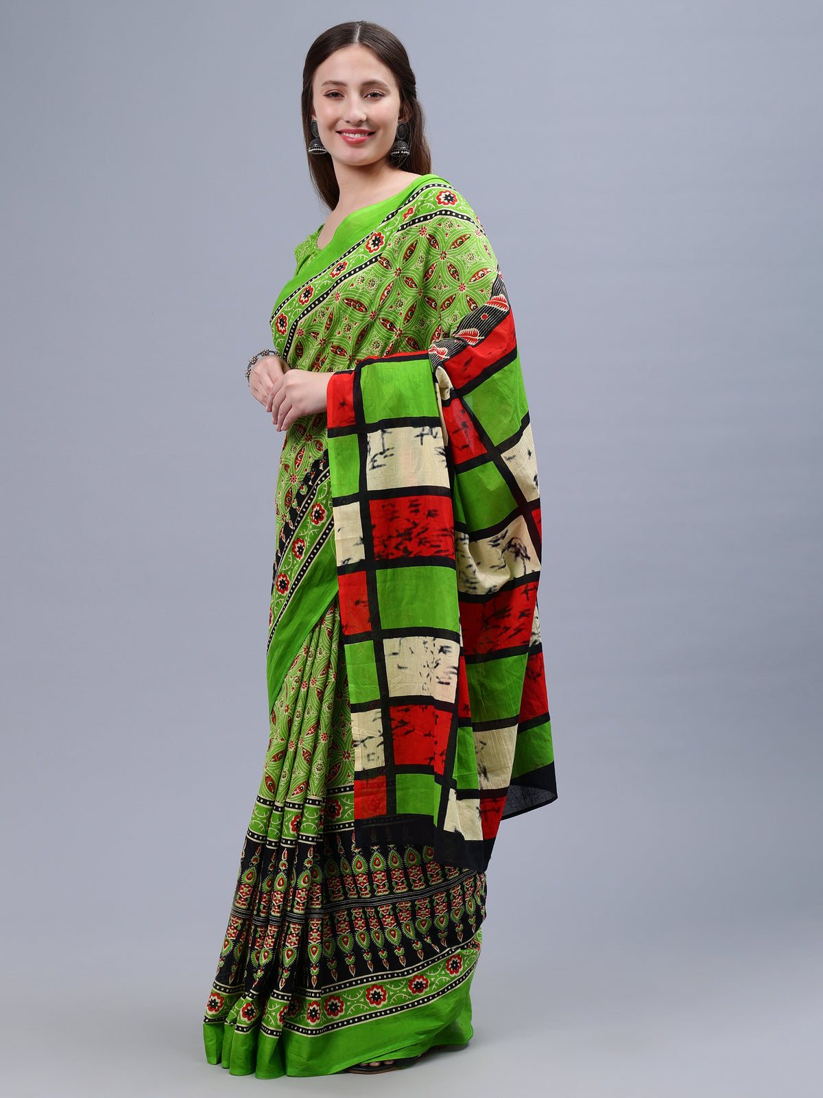 Green Printed Malmal Cotton Saree