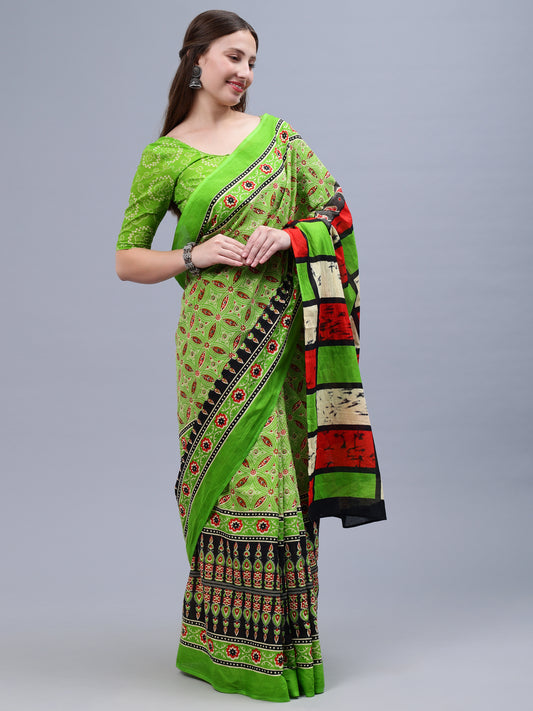 Green Printed Malmal Cotton Saree