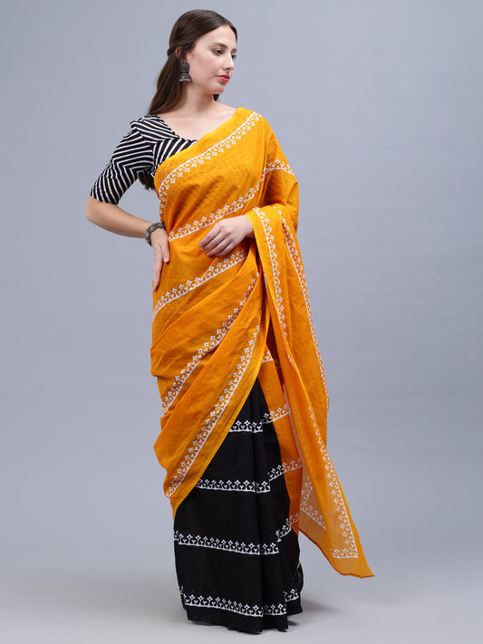 Mustard Yellow Printed Malmal Cotton Saree