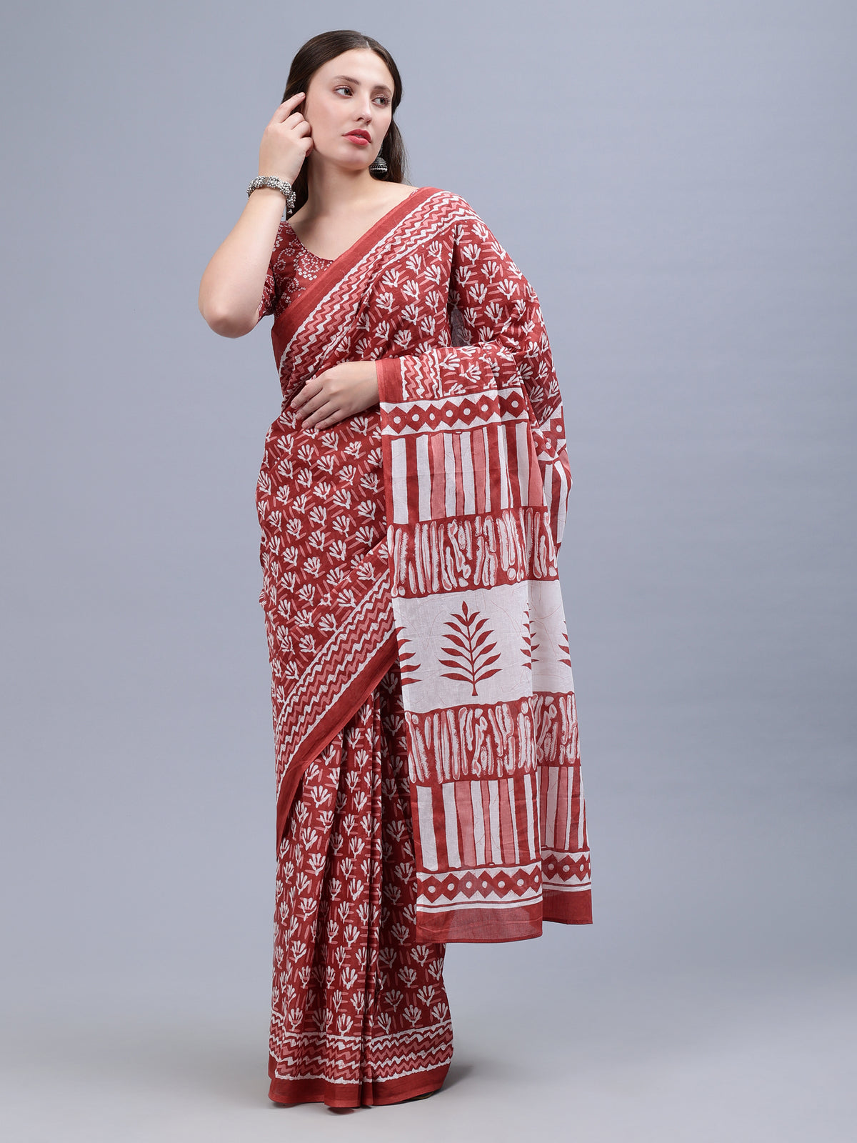 Maroon Printed Malmal Cotton Saree