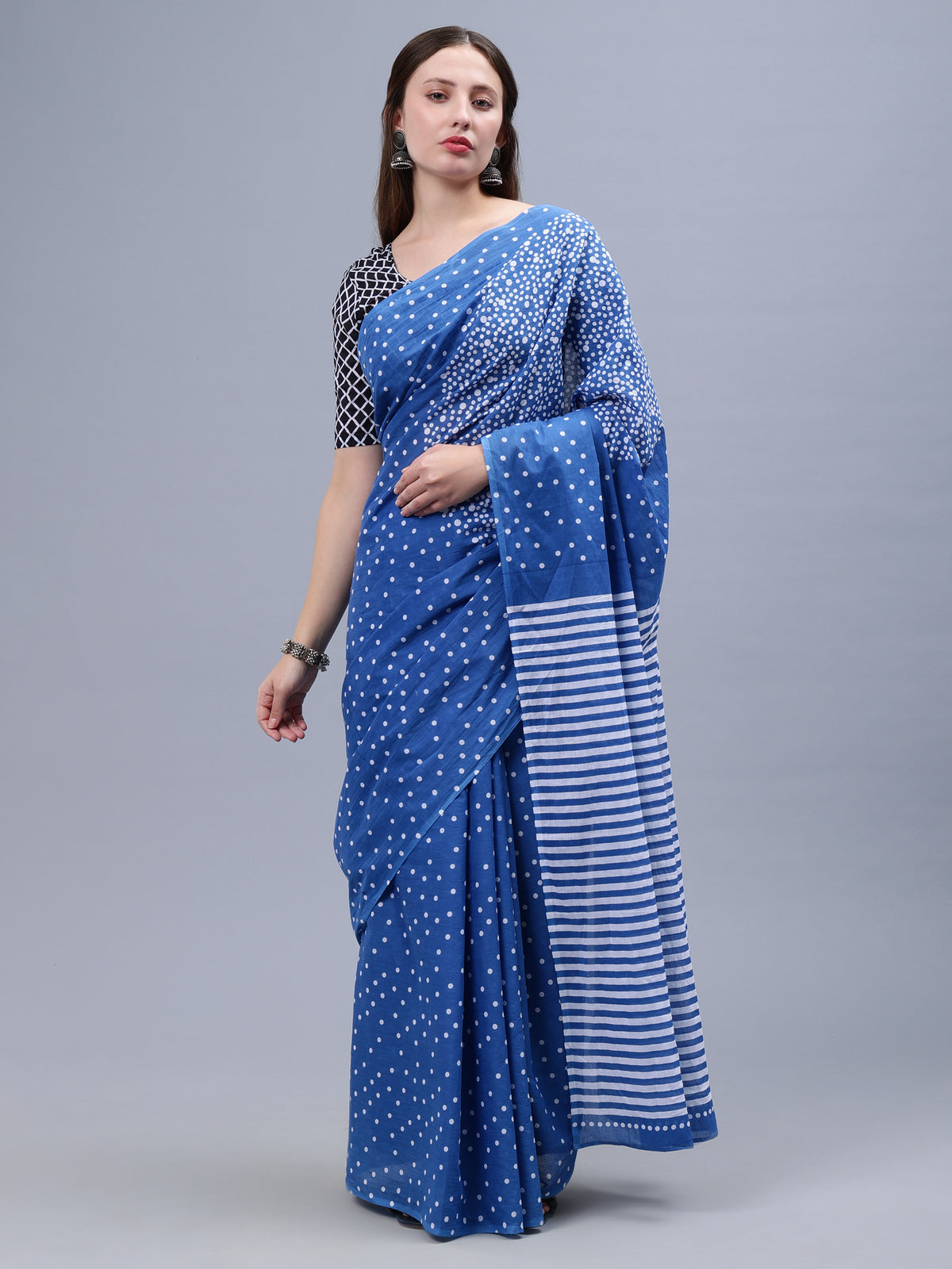 Powder Blue Printed Malmal Cotton Saree