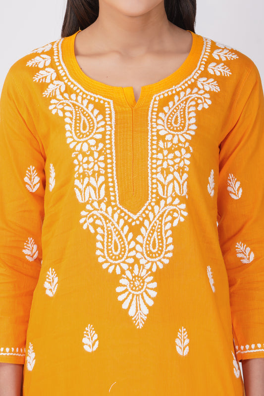 Mustard Yellow Cotton Chikankari Kurta