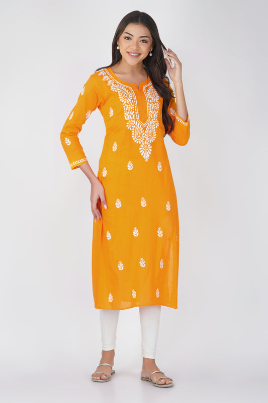 Mustard Yellow Cotton Chikankari Kurta