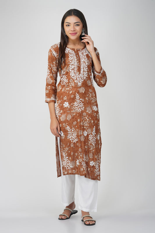 Brown Mulmul Cotton Chikankari Kurta