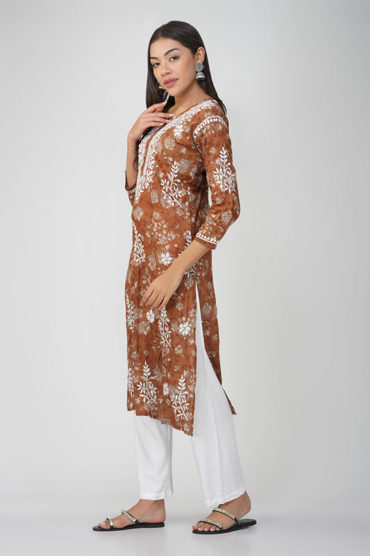 Brown Mulmul Cotton Chikankari Kurta