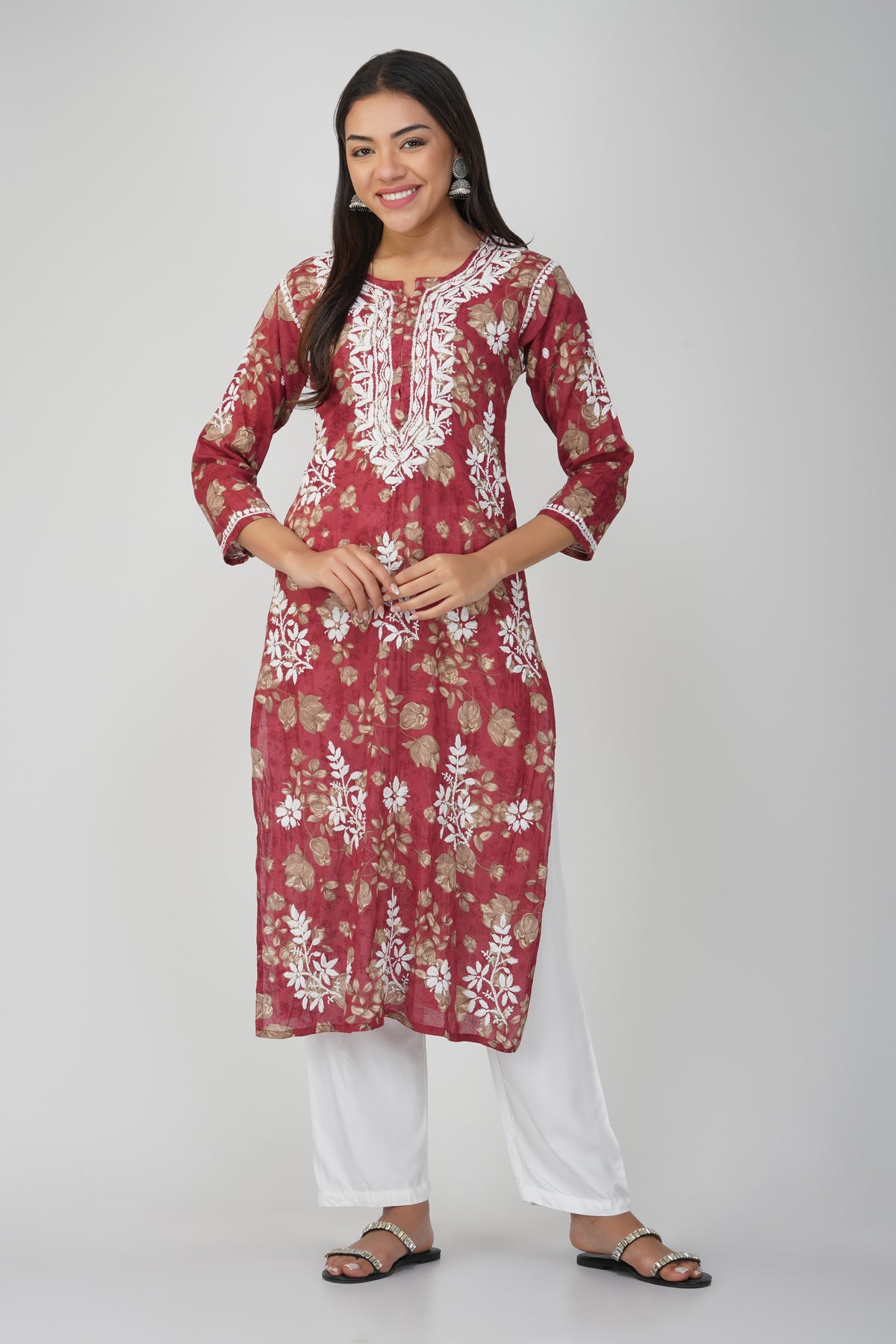 Red Mulmul Cotton Chikankari Kurta